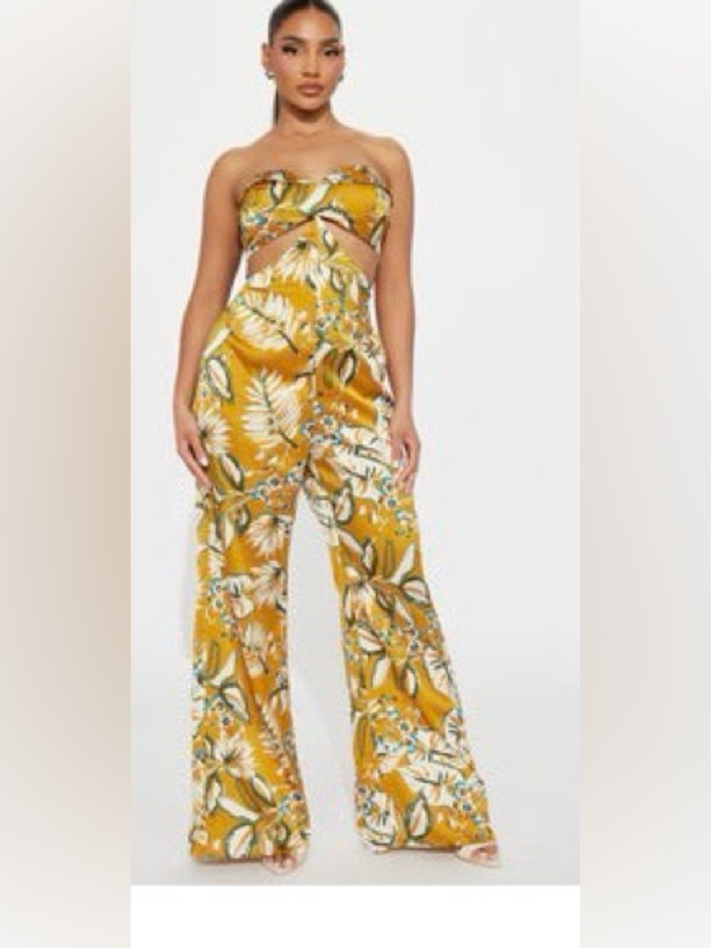 Fashion Nova Mustard Floral Strapless Wide-Leg Jumpsuit